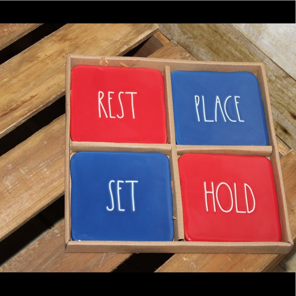 RAE DUNN REST/SET/HOLD/PLACE red/blue ceramic coaster set NIB - Picture 14 of 15
